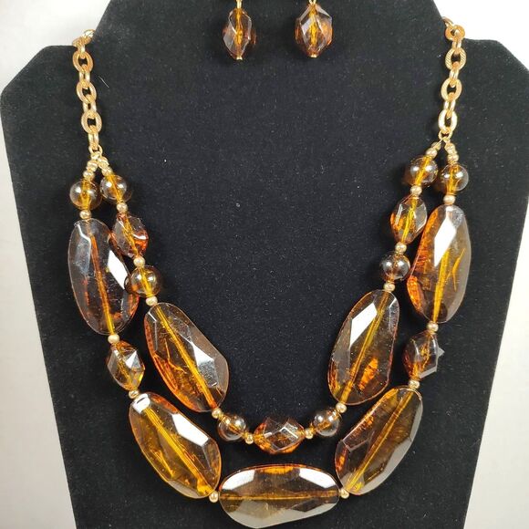 Amber Tone Necklace Earrings Set Faceted Beads Gold Chain Statement 16" - 19" - Picture 3 of 16